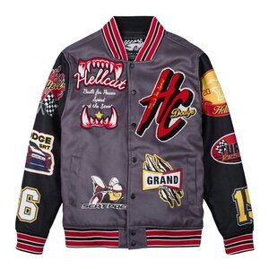 Dodge Hellcat Varsity Jacket Men’s Grey Polyester Microsuede Patch Letterman
